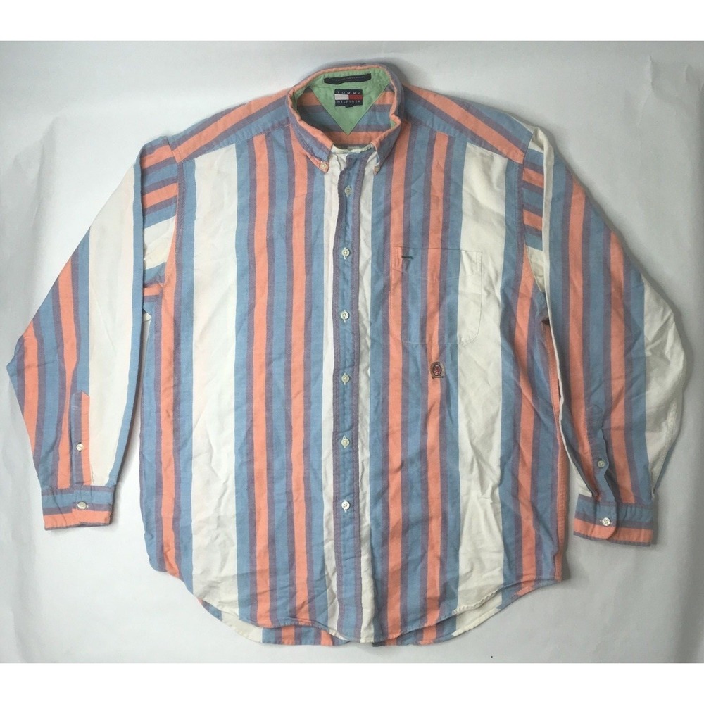 VTG Tommy Hilfiger Button Front‎ Long Sleeve Color Block Stripe Large Shirt B